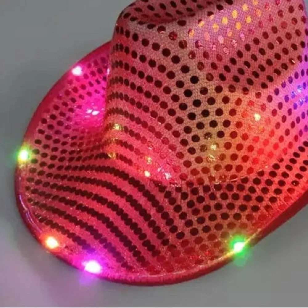 Flashing LED Lights Red Sequin Cowboy Holiday Hat
